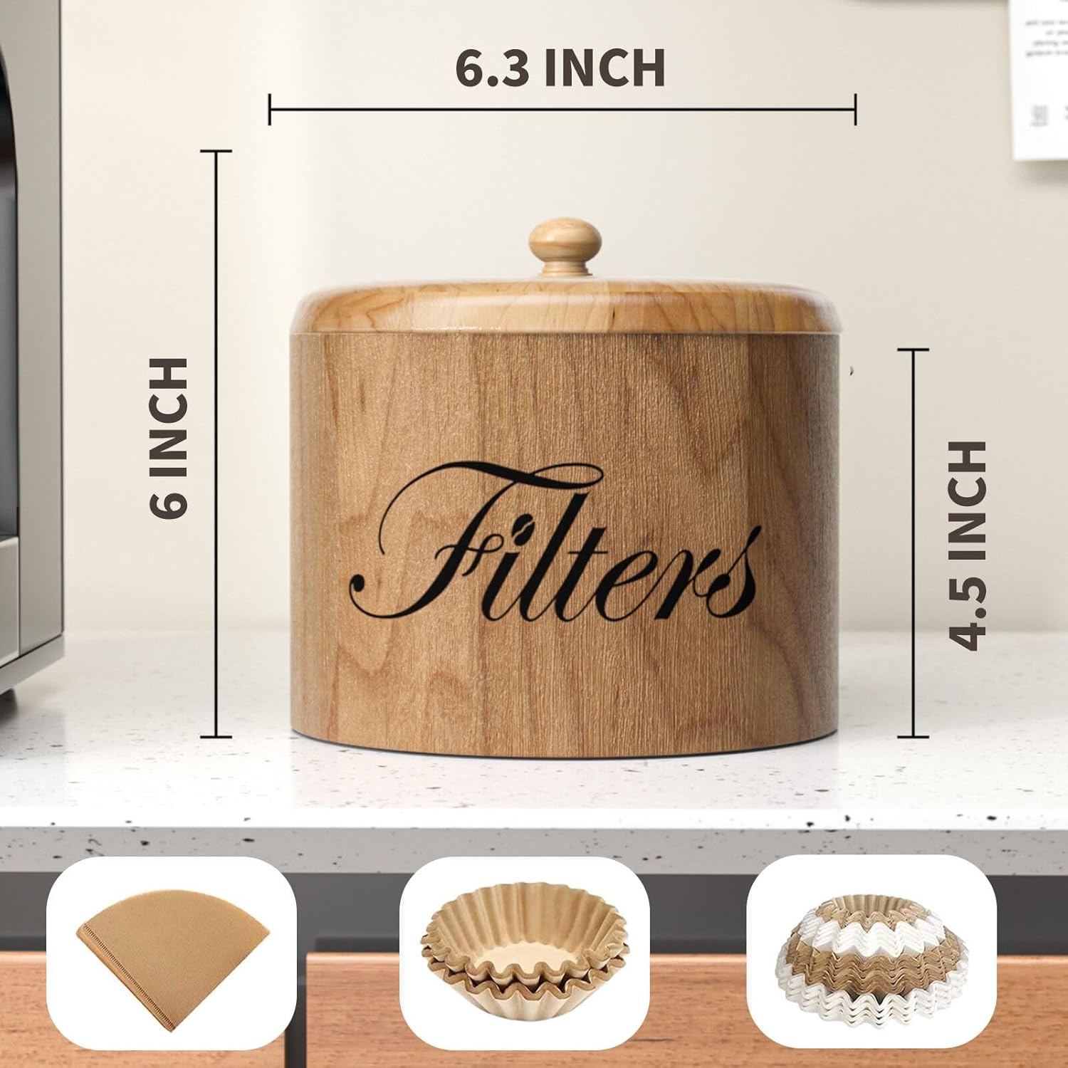 Coffee Filter Holder, Wooden Coffee Filter Storage with Lid, Round Coffee Filter Container for Counter, Rustic Coffee Bar Accessories Holder Decor (Natural)
