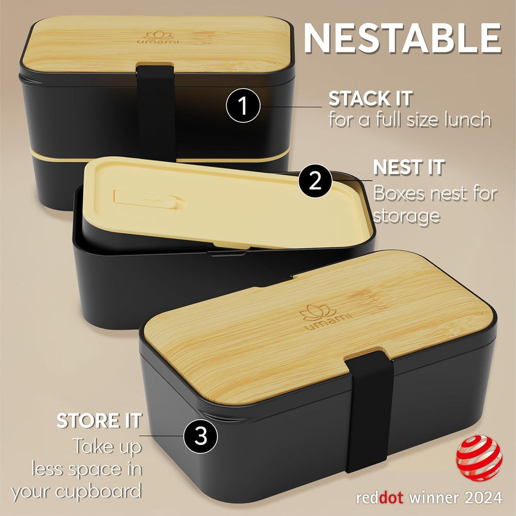 Umami Bento Box All-in-1 w/ 4 Utensils, 100% Leakproof, Dishwasher & Microwave Safe Lunch Containers for Adults w/ 4 Compartments, Black & Tan, 50 oz