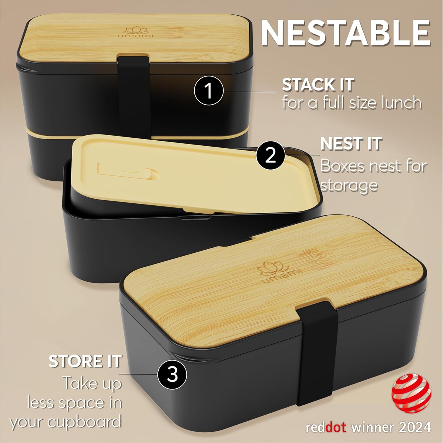 Umami Bento Box All-in-1 w/ 4 Utensils, 100% Leakproof, Dishwasher & Microwave Safe Lunch Containers for Adults w/ 4 Compartments, Black & Tan, 50 oz