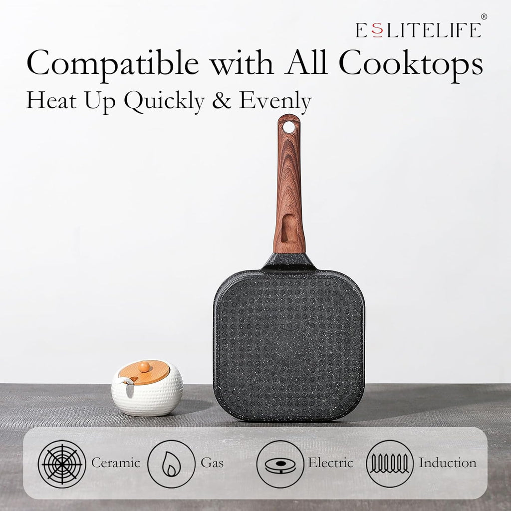 ESLITE LIFE 7 Inch Nonstick Small Grill Pan for Indoor Cooking, Versatile Induction Square Grilling Skillet Steak Pan for Stove Tops, PTFE & PFOA Free, Black