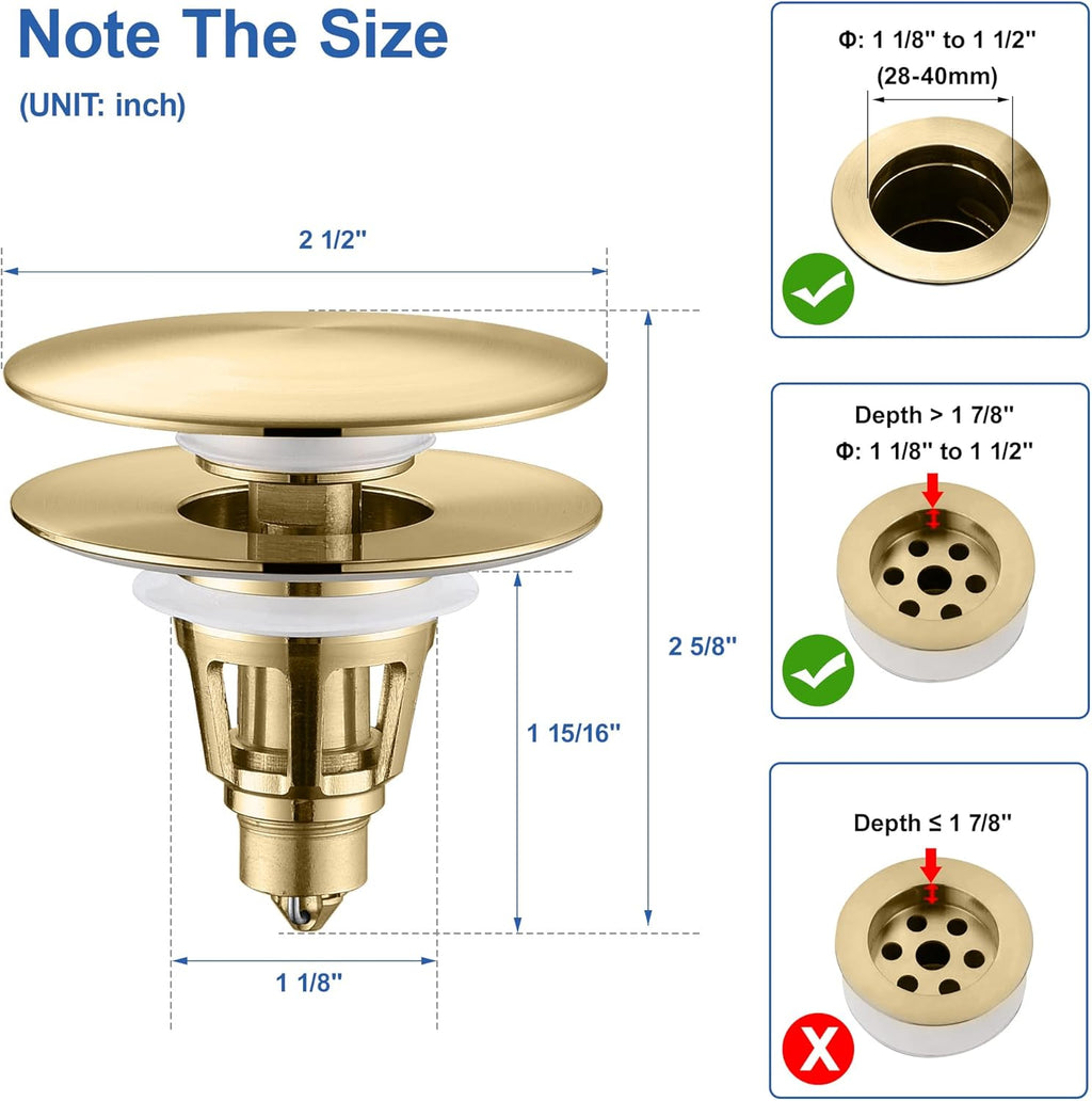 Universal Bathroom Sink Stopper - Pop Up Sink Drain Stopper, Push Button Flixfilter Sink Drain Stopper Replacement, Wash Basin Drain Filter Plug Anti-Clogging Basket, Brushed Gold