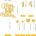 14th Birthday Cake Decorations, 14th Birthday Candles Cake Numeral Candles and Glitter Happy 14th Birthday Cake Toppers Set for Birthday Party Supplies (Gold)