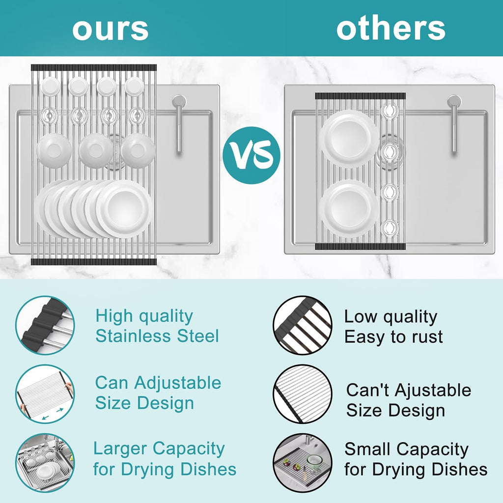 BBXTYLY Extra Expandable Roll Up Dish Drying Rack,Over The Sink Drying Rack Sink Cover Kitchen Sink Accessories Kitchen Rolling up Stainless Steel Drainer, Foldable,Rollable（Black，22.8''-12.4''）