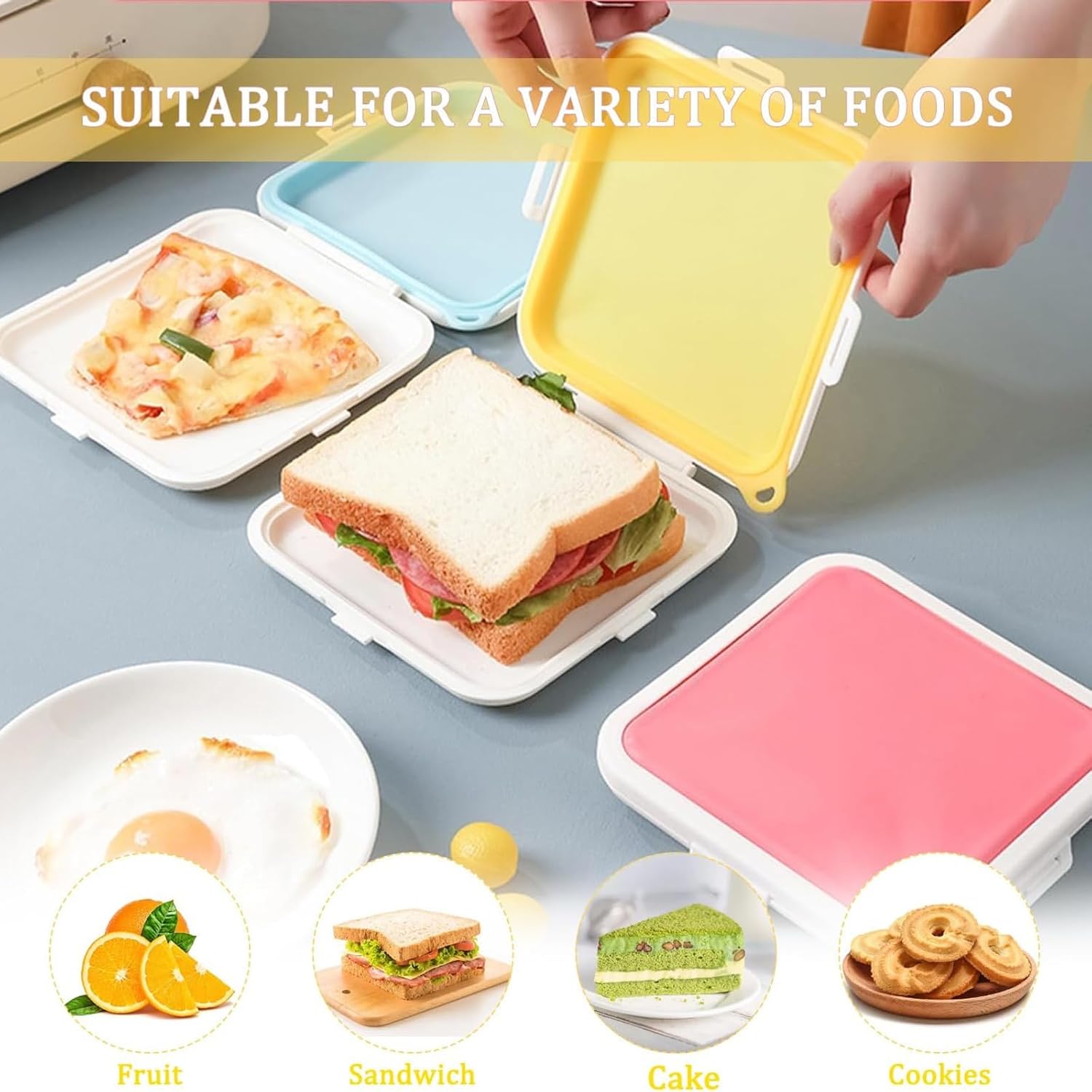 Sandwich Containers, Silicone Sandwich Storage with Snap-Off,Sandwich Box for Lunch,BPA Free,Leakproof, Reusable Plastic Sandwich Holder for Fruit,Salad,Snacks and Food Storage (Blue+Yellow)