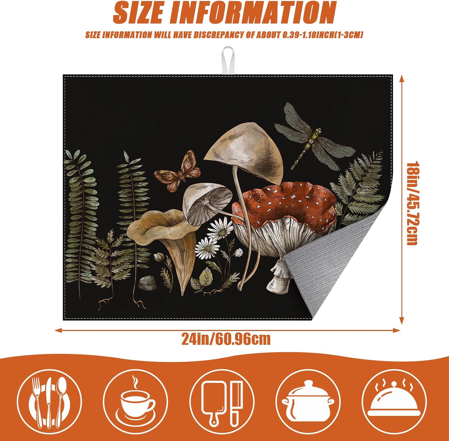 Vintage Mushroom Dish Drying Mat for Kitchen Counter Microfiber Absorbent Dish Kitchen Drying Mat Draining Reusable Washable for Dishes/Utensils/Counterto