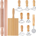 Pasta Making Tool Set of 11, Ravioli Maker Cutter Stamp Set, 1 Pasta Cutter Wheel with 1 Dough Roller, 1 Wood Gnocchi Board with 1 Ravioli Rolling Pin, Pasta Maker Tools for Lasagna, Pierogi