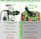 COZII Cold Press Juicer Machines,Slow Masticating Juicer Extractor Soft/hard Mode, 3.6" Large Feed Chute For Vegetable and Fruit, Easy to Clean Juicer, Quiet Motor, High Juice Yield