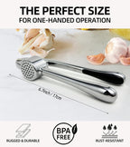 Stainless Steel Garlic Press Set w/Silicone Peeler & Brush, Heavy Duty Metal Garlic Mincer, Dishwasher Safe, Easy Clean (Regular Handle)