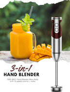 Megawise 3-in-1 Hand Blender – 12-Speed, Includes Powerful Blender Stick, Whisk, and Milk Frother – Easy to Clean and Perfect for Smoothies, and More (Red)