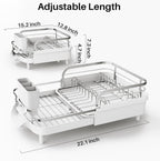 SNTD Dish Drying Rack, Expandable Dish Rack for Kitchen Counter, Stainless Steel Dish Drainer with Drainboard Set and Utensil Holder (White)