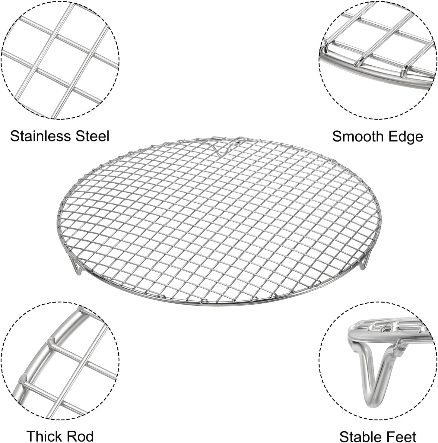 uxcell Round Cooking Rack with Legs, Dia 13.8 Inch 304 Stainless Steel Barbecue Grill for Cooking Baking Barbecue Air Fryer Racks, Silver