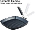 SKITCHN Nonstick Grill Pan With Folding Handle - Induction Compatible KBBQ Pan for Stove Tops, Indoor Square BBQ Grilling With Pour Spouts - 11 in