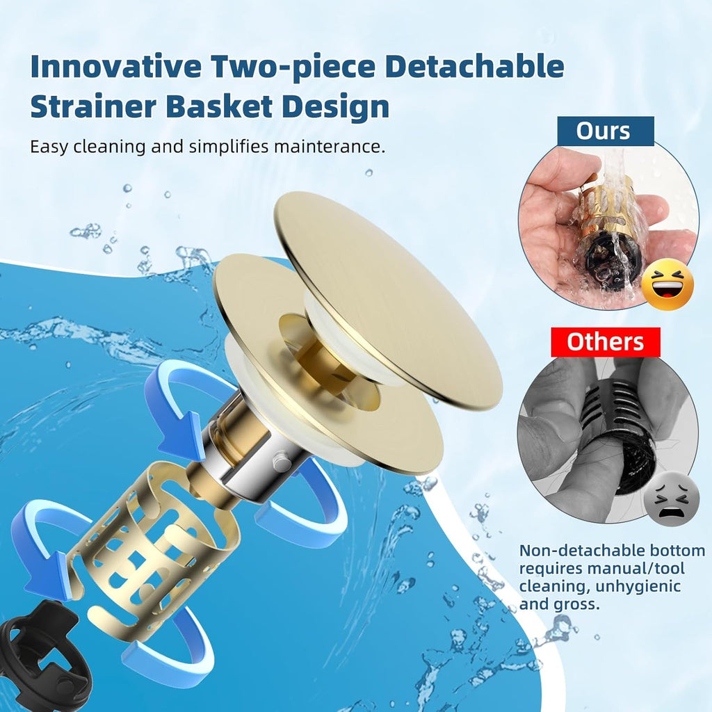 Hibbent Upgraded 3 in 1 Bathroom Sink Drain Strainer, Pop Up Sink Stopper with Big Push Cap, Anti-Clogging Metal Filter Basket,Sink Plug with Hair Catcher for 1.1''~2.36'' Basin, Brushed Gold