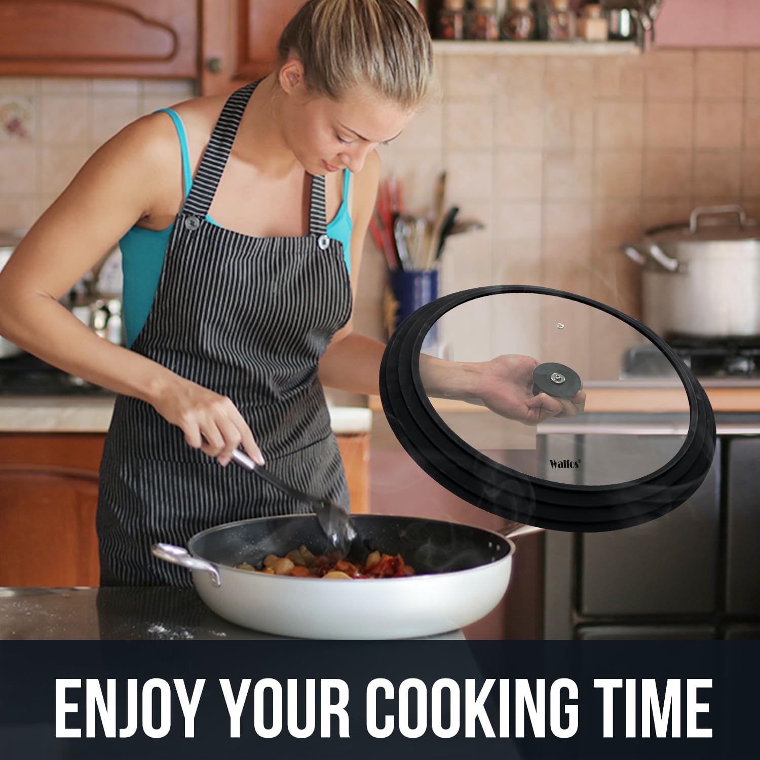 Walfos 2 Pcs Universal Pot Lids, Frying Pan Lid with Heat Resistant Silicone Rim, Fits All 10", 11", 12" to 13", 14", 15" Diameter Cookware, Pots, Pans and Skillets, BPA Free and Dishwasher Safe