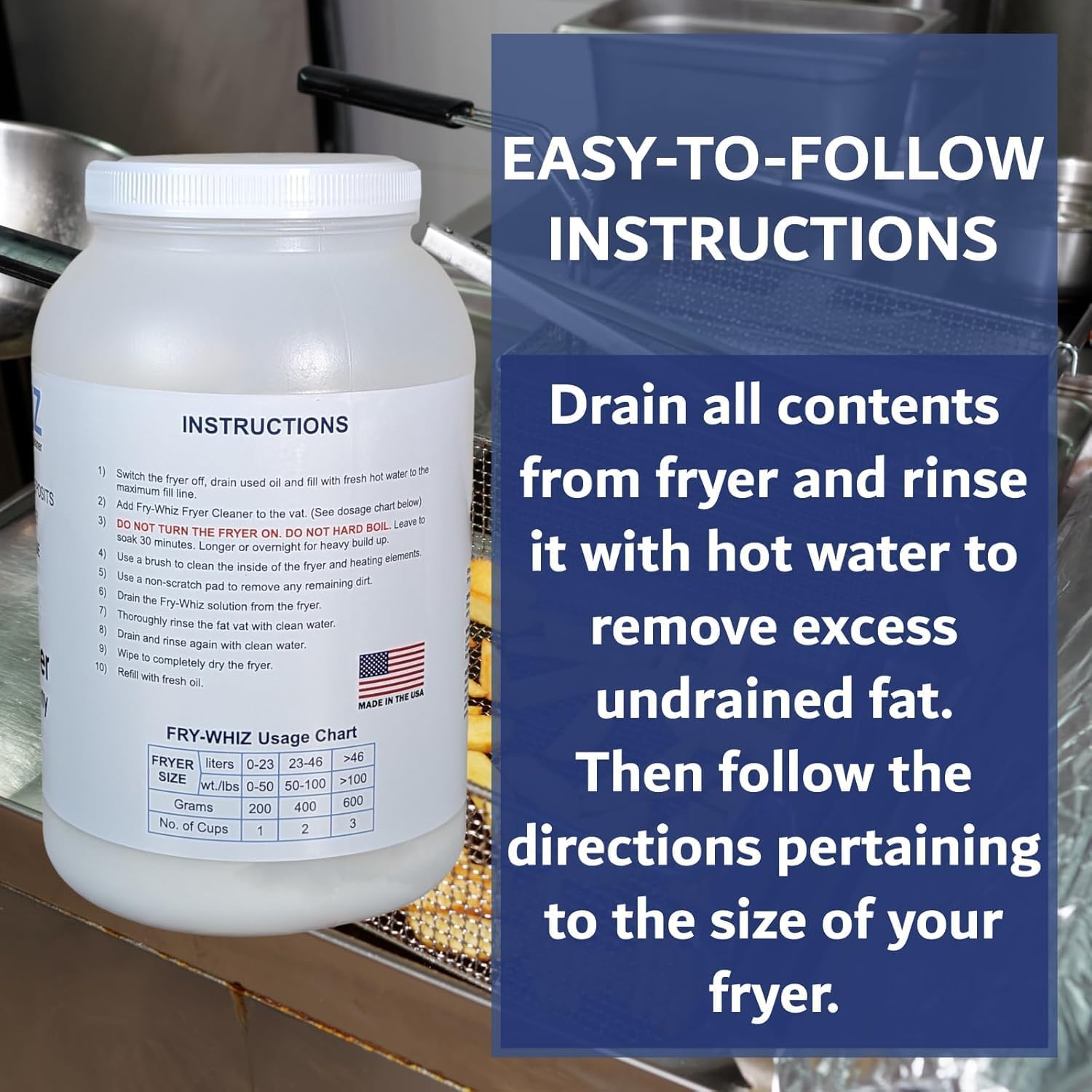 Fry-Whiz Deep Fryer Cleaner, Removes Carbon, Burned-On Grease, Fats, Food Stains & Rusts, Fryers Boil Out Powder for Cleaning Deep Fryers, Griddle, Cleaning Supplies for Food Service(Case of 4-Gallon)