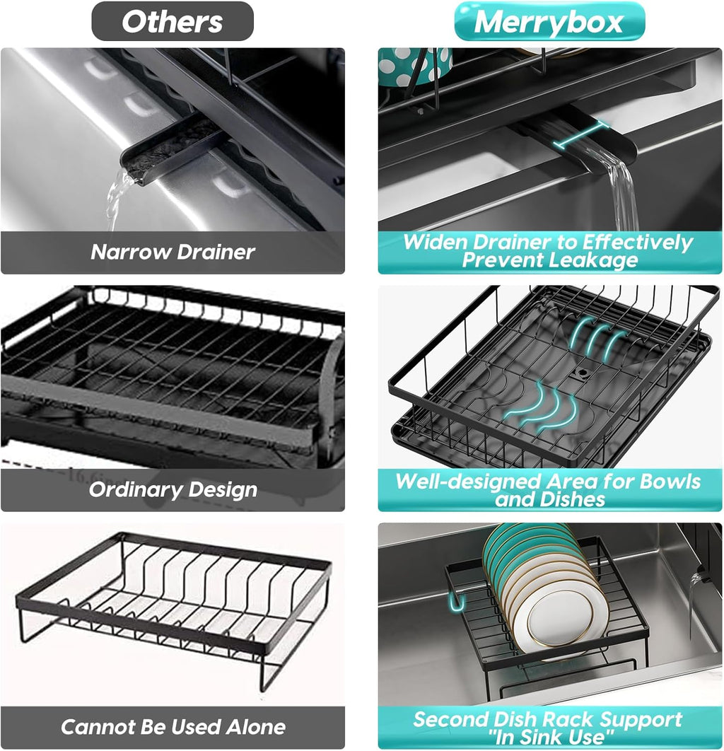 MERRYBOX Dish Drying Rack Large Capacity 2 Tier Dish Drying Rack Multifunctional Rustproof Dish Racks for Kitchen Counter with Large Utensil Holder, Cup Holder, Black