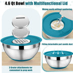P&P CHEF Mixing Bowl with Lid Set, 5 Piece Stainless Steel Mixing Nesting Bowls for Salad Storage, 3 Grater Attachments & Non-Slip Bottoms, Size 1/1.5/2 / 2.6/4.6 QT, Blue