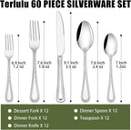 60-Piece Silverware Set for 12, Stainless Steel Flatware, Mirror Polished Cutlery Set, Utensils Include Spoons, Forks, Knives for Home, Restaurant, Beaded Handle, Dishwasher Safe