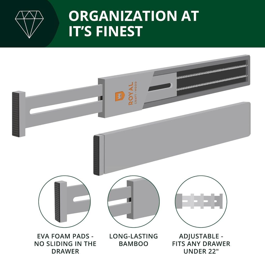 ROYAL CRAFT WOOD Adjustable Bamboo Drawer Dividers Organizers - Expandable Drawer Organization Separators For Kitchen, Dresser, Bedroom, Bathroom and Office, 4-Pack (Large (up to 22")) (Gray)