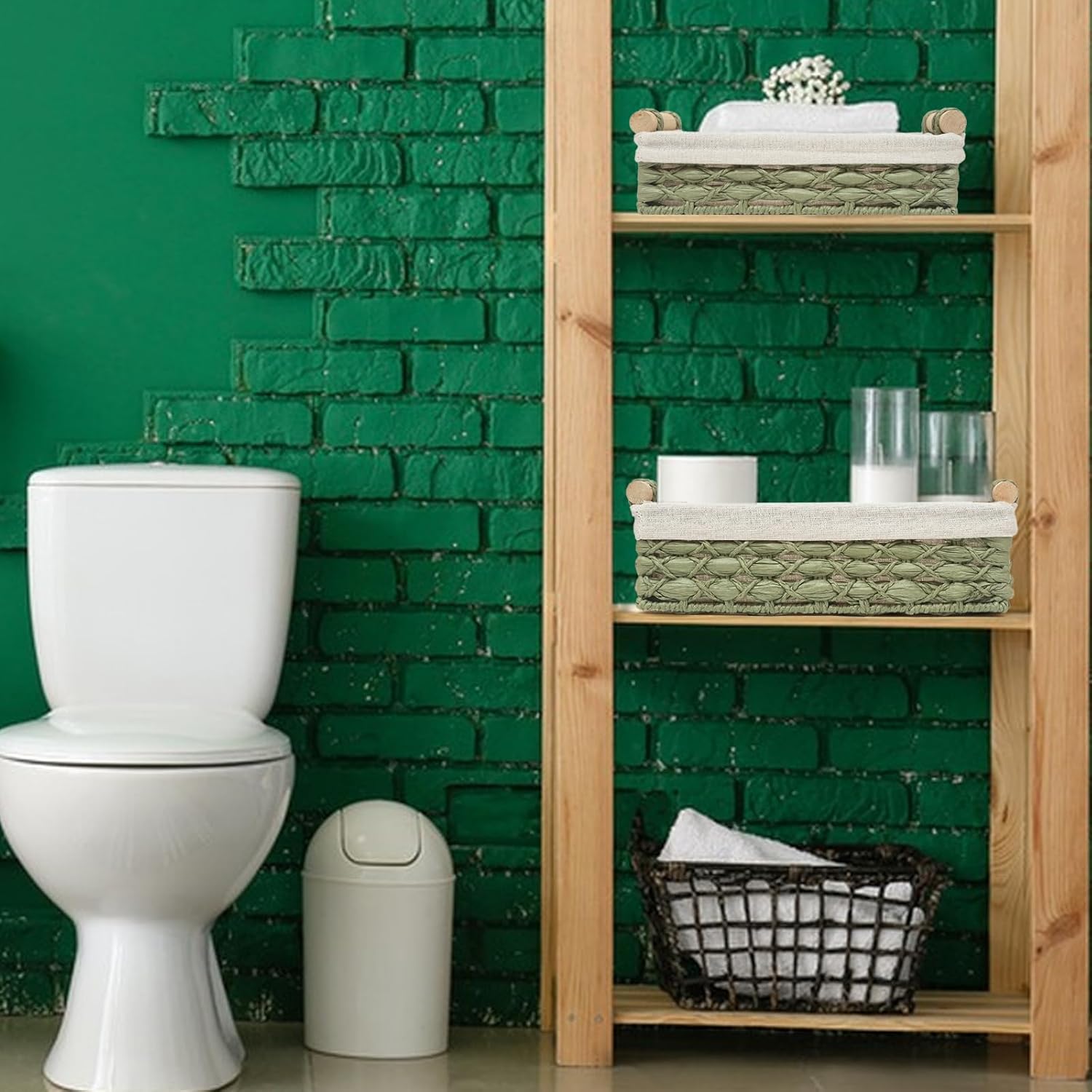 Storage Basket Wicker Baskets for Organizing with Handle Decorative Storage Bins for Countertop Toilet Paper Storage Basket for Toilet Tank Top Small Baskets Set (Set of 2,Green)