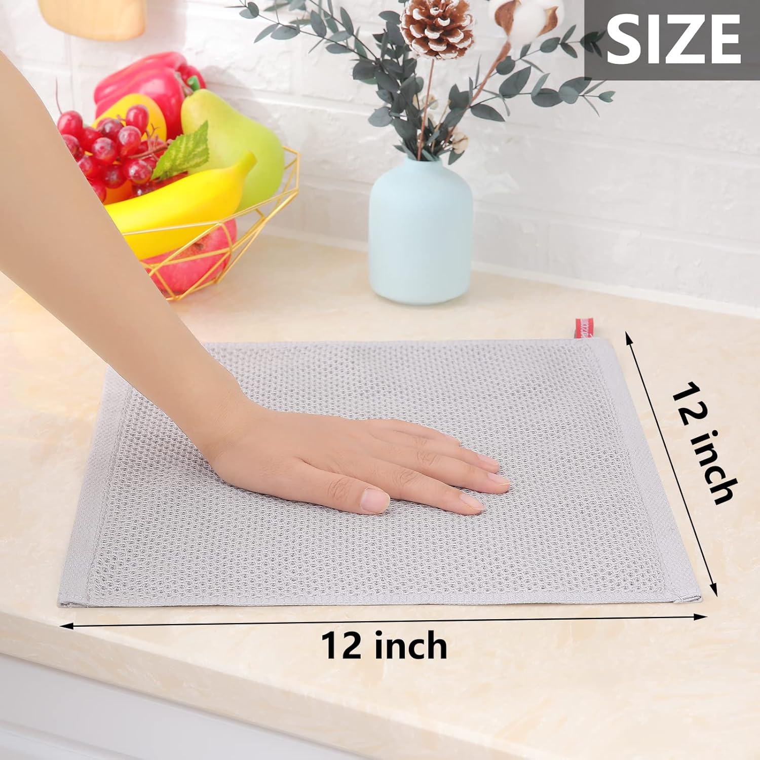 Homaxy 100% Cotton Waffle Weave Kitchen Dish Cloths, Ultra Soft Absorbent Quick Drying Dish Towels, 12 x 12 Inches, 6-Pack, Light Gray