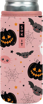 Sok It CanSok Sleeve for Beer & Soda Insulated Neoprene Cover (Spooky in Pink, 12oz Slim Can Sleeve)