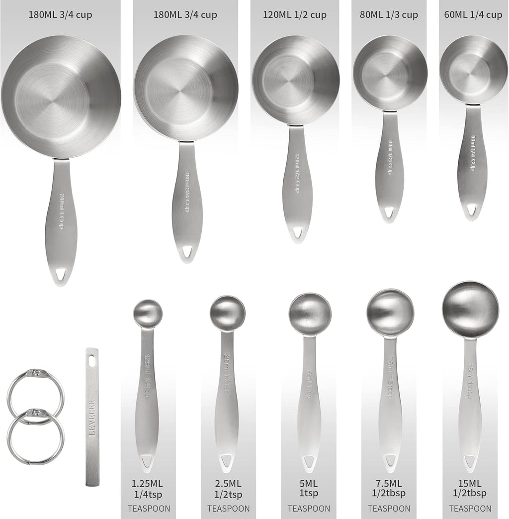 Measuring Cups and Spoons Set,With 5 Stainless Steel Measuring Cups and 5 measuring spoons and Measure Ingredient Leveler and 2 rings. (siliver)