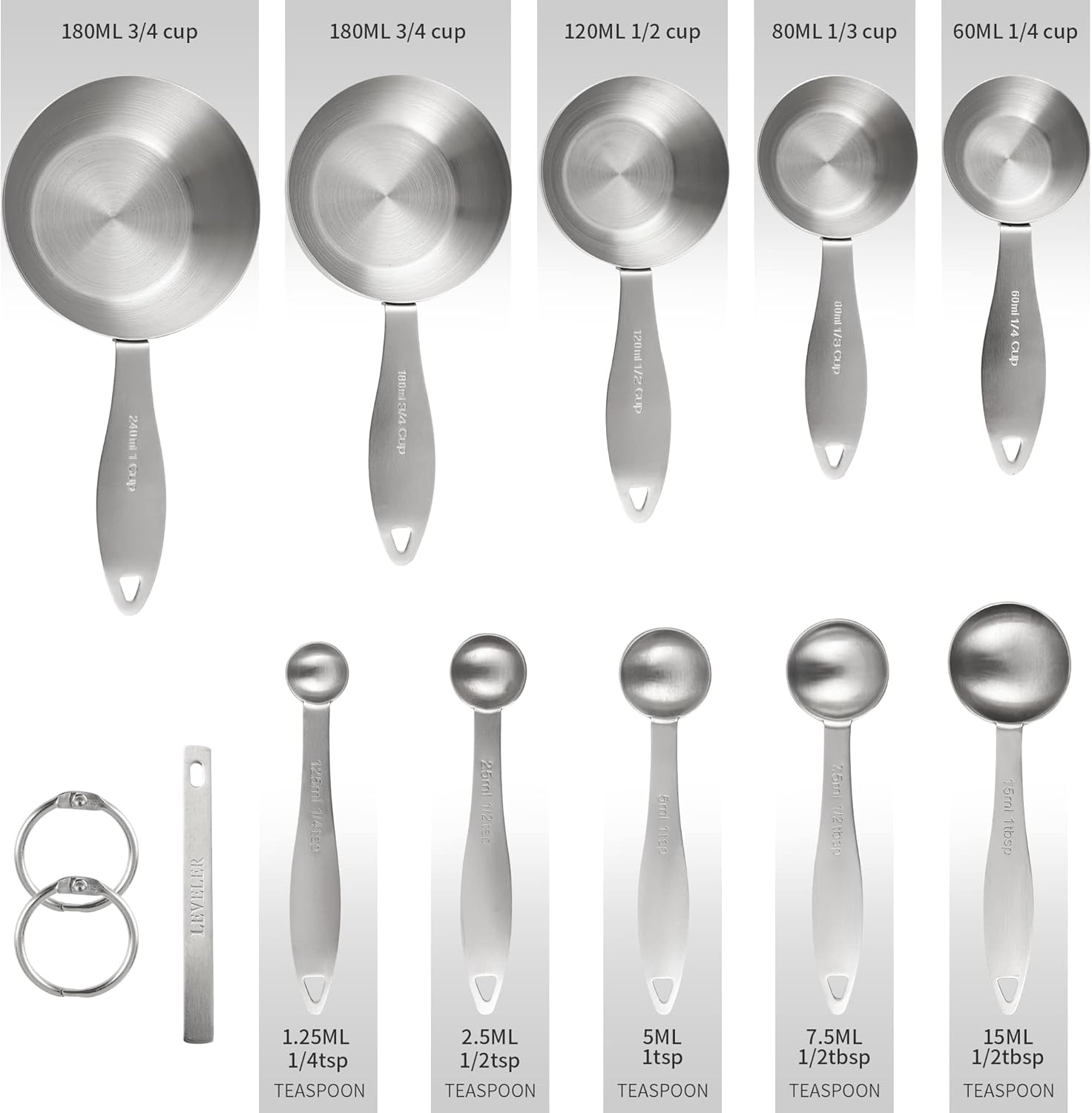 Measuring Cups and Spoons Set,With 5 Stainless Steel Measuring Cups and 5 measuring spoons and Measure Ingredient Leveler and 2 rings. (siliver)