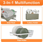 Dish Drying Rack, 2 -Tier 304 Stainless Steel Adjustable Spout Auto-Draining Dish Rack, Space Saving Dish Drainer with Drainboard and Utensil Holder for Kitchen Counter Grey