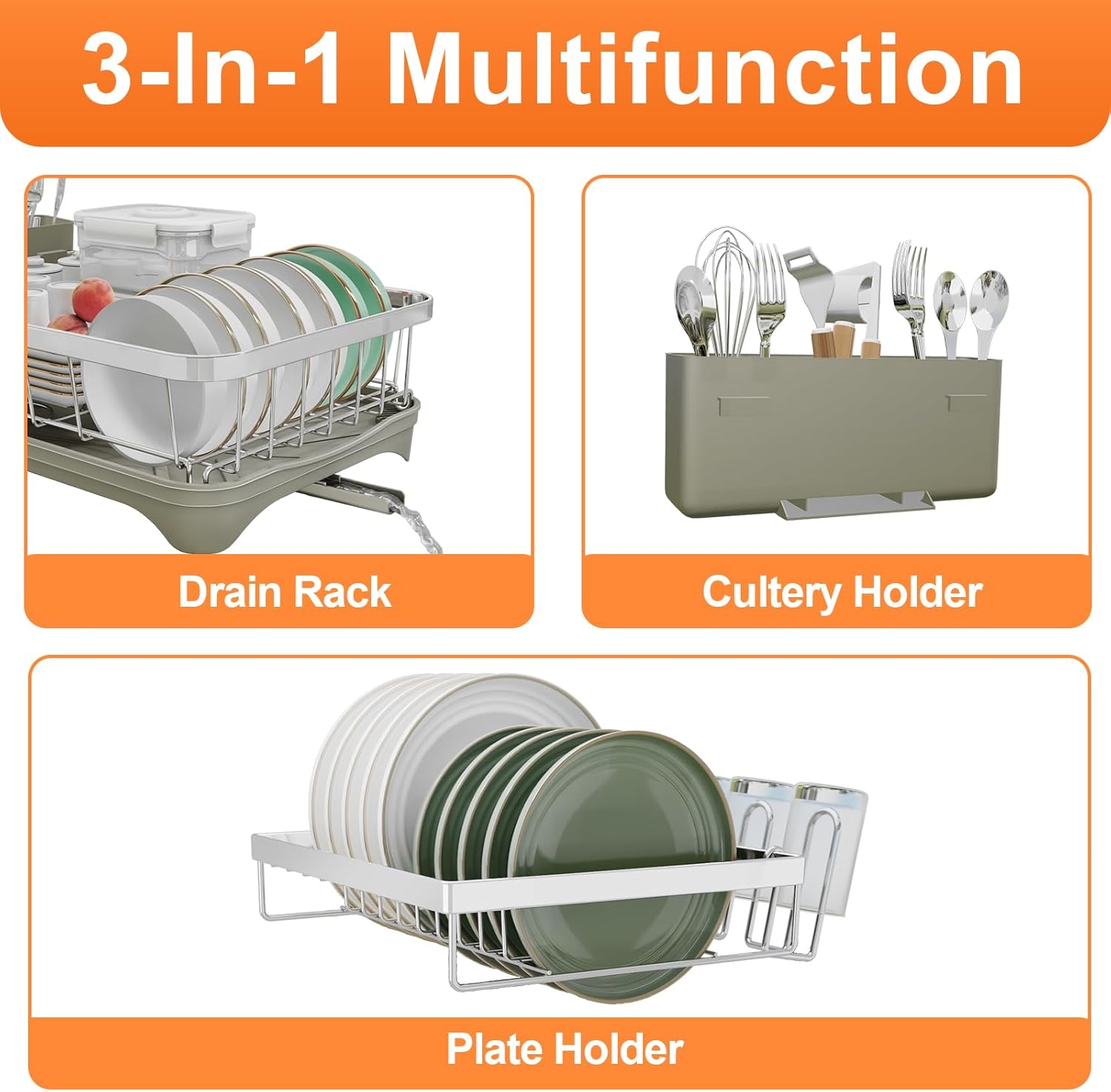 Dish Drying Rack, 2 -Tier 304 Stainless Steel Adjustable Spout Auto-Draining Dish Rack, Space Saving Dish Drainer with Drainboard and Utensil Holder for Kitchen Counter Grey