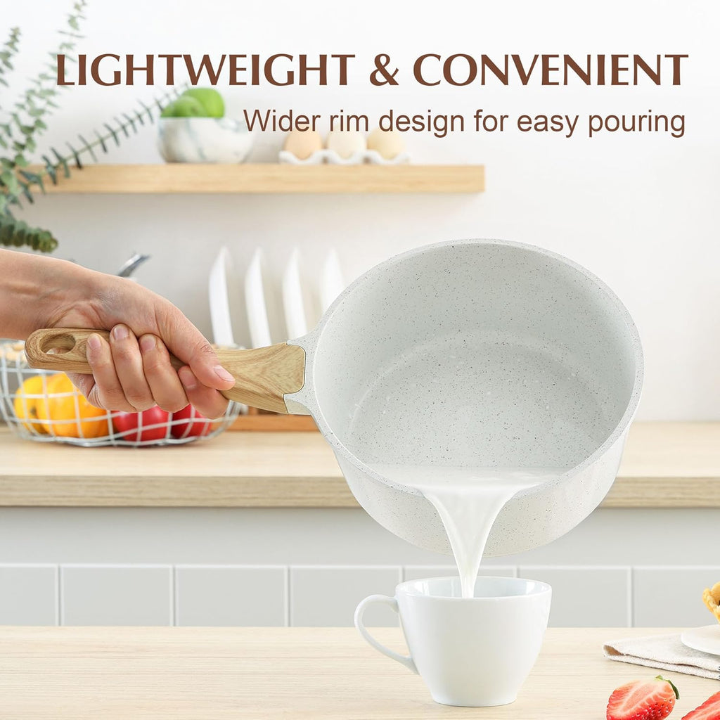 SENSARTE White Ceramic Nonstick Saucepan with Lid Set, Small Cooking Pot with Stay Cool Handle, Induction Compatible Saucepot, White Granite Coating, PFOA/PFAS Free, 1.5 + 2.5QT