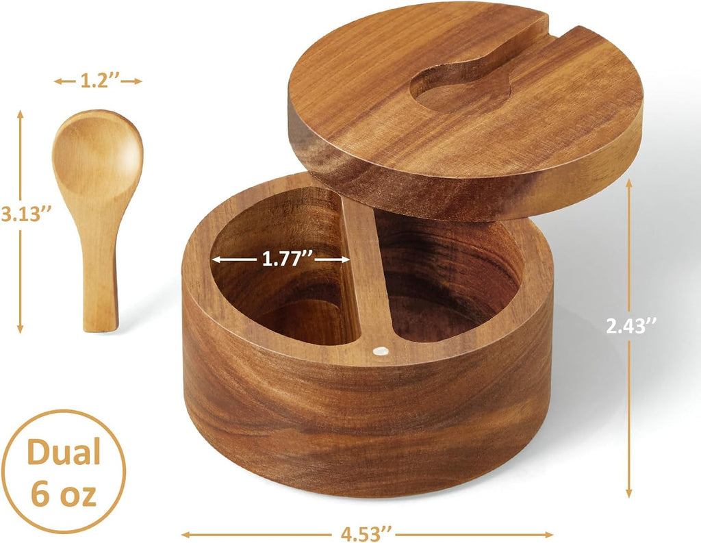 2-Compartment Acacia Salt Box with Lid and Spoon, Salt Cellar with Swivel Lid, Salt Container Holder for Sea Salt Herbs or Favorite Seasonings, Dual 6 oz Salt Bowl