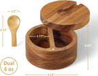 2-Compartment Acacia Salt Box with Lid and Spoon, Salt Cellar with Swivel Lid, Salt Container Holder for Sea Salt Herbs or Favorite Seasonings, Dual 6 oz Salt Bowl