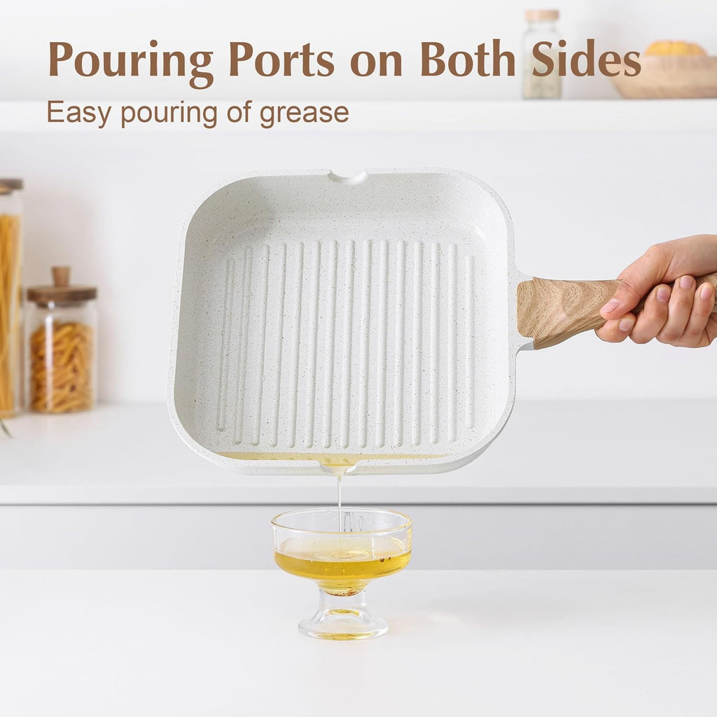 SENSARTE Nonstick Ceramic Grill Pan for Stove Tops, Square Grilling Pan with Pour Spouts, Non Toxic Durable Grill Skillet for All Stoves(Gas,Electric,Induction) PTFE,PFAS,PFOA Free, 12Inch (White)