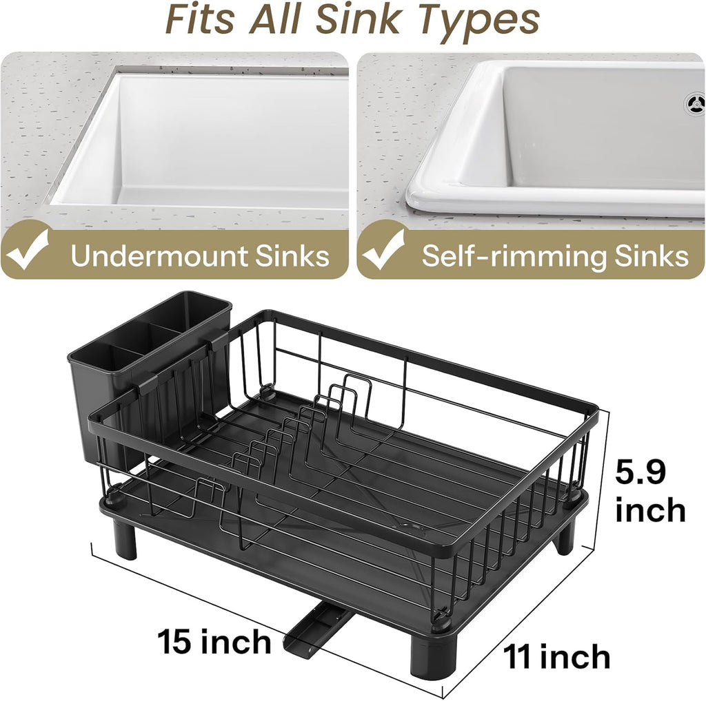 Dish Drying Rack - Small Dish Rack for Kitchen Counter, Stainless Steel Dish Drainer with Utensil Holder and Drainboard (Black)