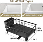 Dish Drying Rack - Small Dish Rack for Kitchen Counter, Stainless Steel Dish Drainer with Utensil Holder and Drainboard (Black)