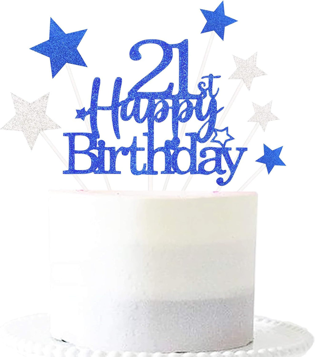 Glittery 21st Happy Birthday Cake Topper with Star,Personalised 21 Birthday Cake Toppers Party Decorations Party Supplies for Boys Girls Blue