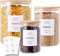 3 Pcs Glass Canisters with Airtight Bamboo Lids and 42 Kitchen Pantry Labels Preprinted - Clear Glass Flour and Sugar Storage Container Set - Large Glass Jars with Wood Lids(100 OZ/54 OZ/27 OZ)