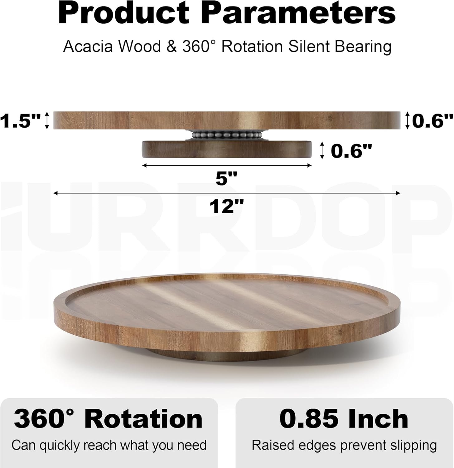 12 inch Wooden Lazy Susan Turntable for Cabinet, Acacia Lazy Susan Organizer for Table Top, Cabinet Fridge, Countertop, Pantry