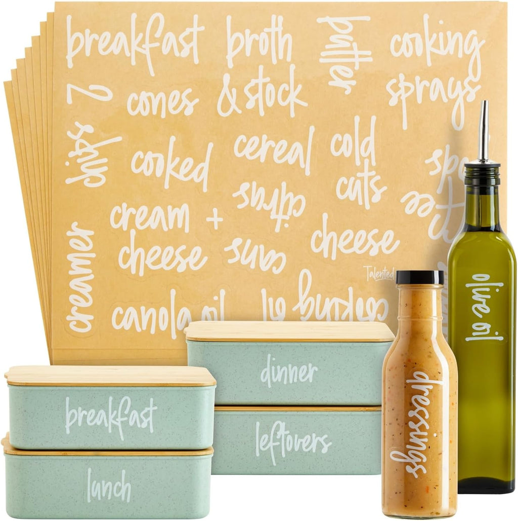Talented Kitchen 158 White Script Kitchen Pantry Labels for Food Containers, Clear Removable Stickers for Fridge Organization, Freezer, Jar Storage