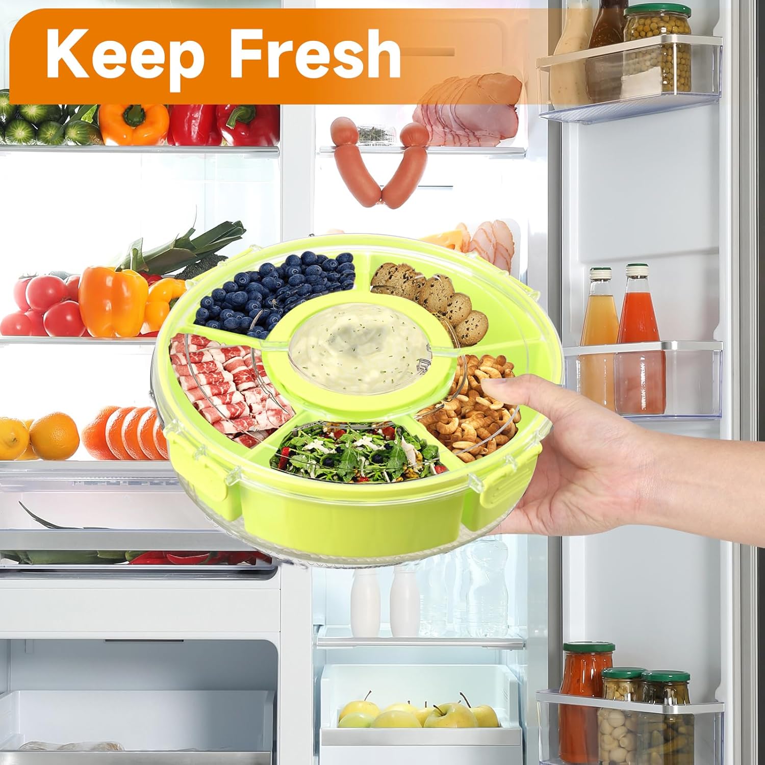 Rotating Serving Tray with Lid, 8-Section Divided Container, Portable Snack Organizer for Fruits, Candy, Nuts, Vegetables, Party Platter