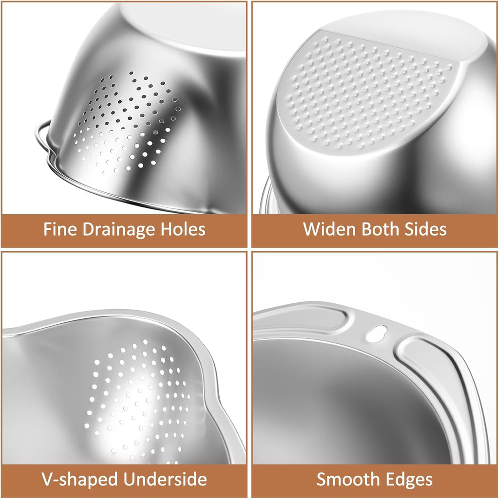 2 Pcs Rice Washer Strainer Bowl 4-in-1 Washing Bowl for Quinoa, Stainless Steel Rinser with Side Drainers Small Colander for Cleaning Fruits, Vegetables, and Beans - Versatile Kitchen Tool