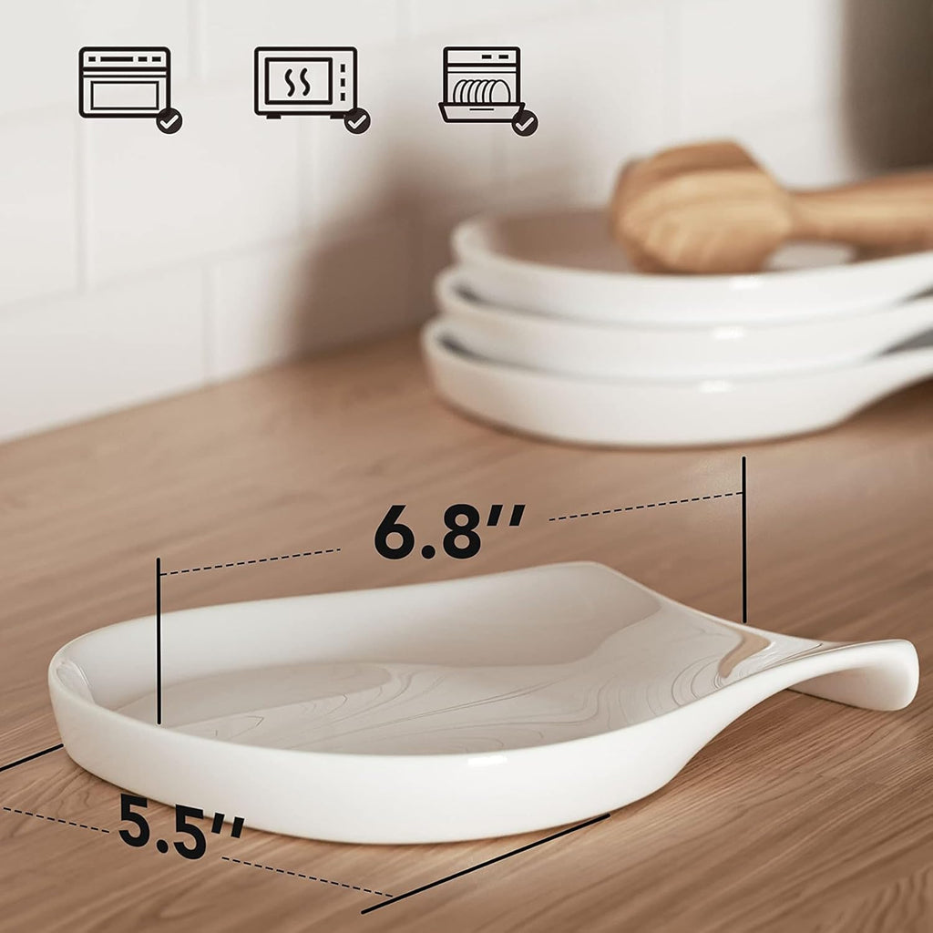 Spoon Rest for Kitchen Counter, 5.5 Inches Spoon Holder, Ceramic Ladle Rest for Stove Top, Spatula Holder Porcelain, Coffee, Kitchen Utensils Accessories, Set of 4, White