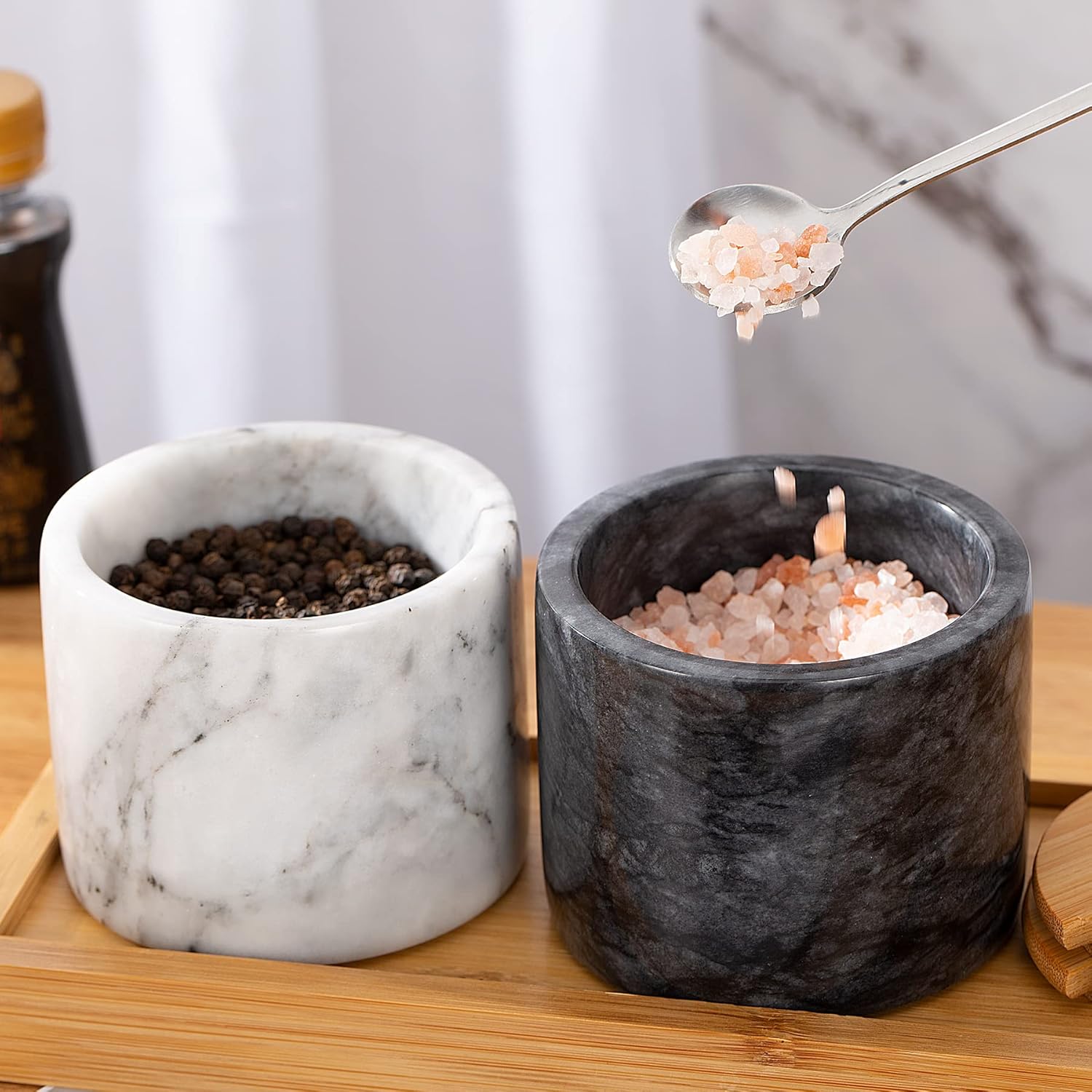Marble Salt Cellar Set, 2 PCS 11oz Salt and Pepper bowls, Handcrafted from Natural Marble Gift for Mothers Day(White & Black Set)