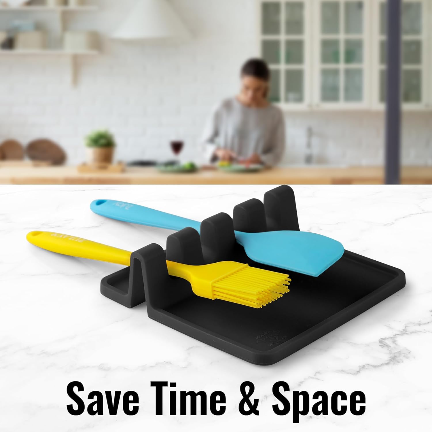 Zulay Kitchen Silicone Utensil Rest with Drip Pad for Multiple Utensils - BPA-Free, Heat-Resistant Spoon Rest & Spoon Holder for Stove Top - Kitchen Utensil Holder for Ladles & Tongs - Black