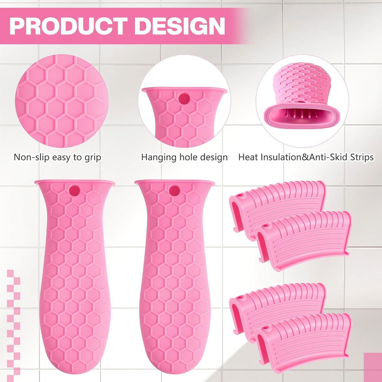 Patelai 8 Pcs Silicone Pot Holders Cast Iron Handle Cover Heat Resistant Pot Handle Covers Potholder Non Slip Reusable Pan Sleeve for Frying Pan Kitchen Supplies(Pink)