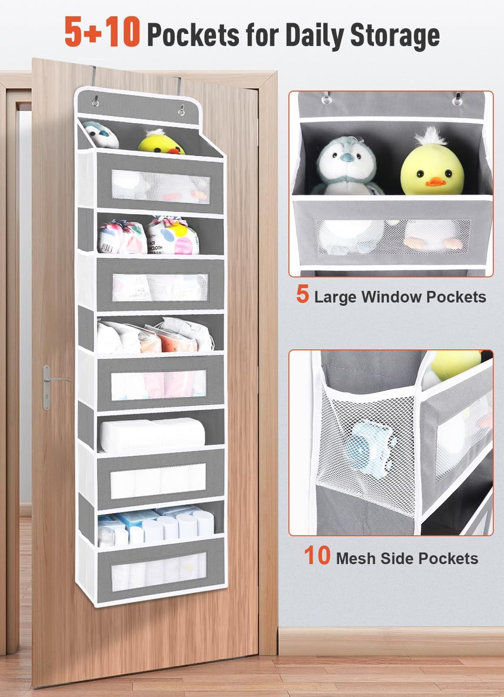 Over The Door Organizer Storage, 5 Shelf Hanging Door Organizer with 10 Large Capacity Pockets, Anti Tilt 44 lb Load Behind Door Storage for Bedroom, Bathroom, Pantry, Nursery, (Grey)