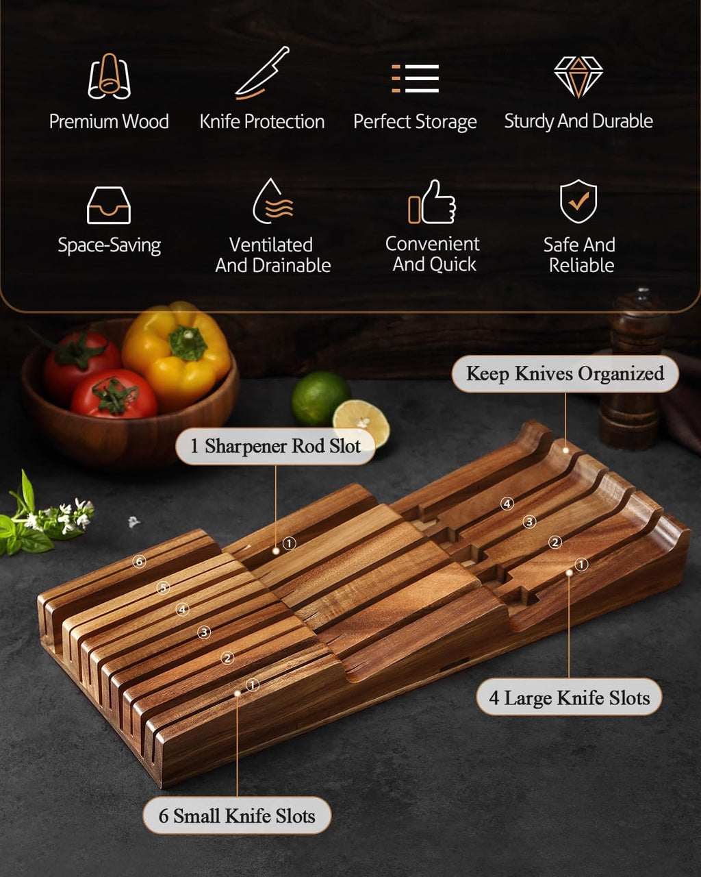 XINZUO In-drawer Knife Block, Natural Acacia Knife Drawer Oganizer, Insert-Kitchen Storage Holder, 11 Slots, Holds up to 11 Various Size Knives, Countertop Saving&Knife Protective