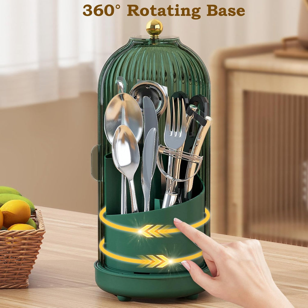 JEESA Utensil Holder with Lid, 360° Rotating Flatware Organizer for Cutlery Spoon Fork(H Less 8"), Silverware Caddy Organizer Drainage Dustproof Flatware Holder Kitchen Countertop Storage, Green