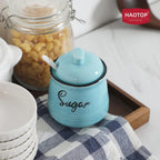 HAOTOP Farmhouse Porcelain Sugar Bowl with Lid and Spoon 12oz,Easy to Clean (Turquoise)